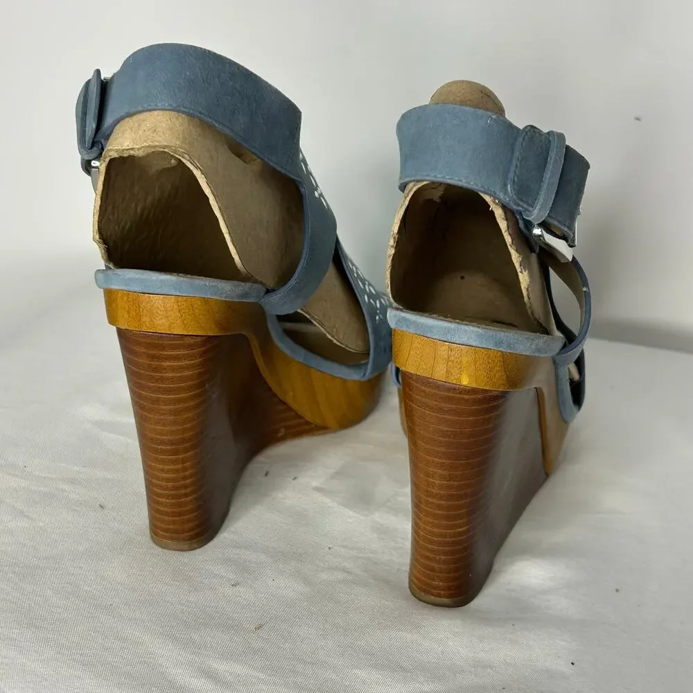 Michael Kors Blue Suede Laser Cut Wedge Sandals Peep Toe Women’s 8.5M